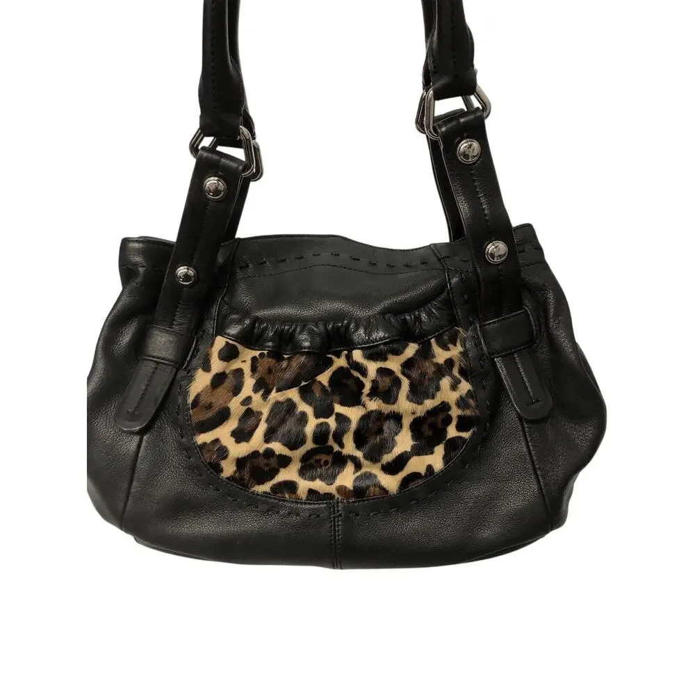 B Makowsky Soft Leather Black Front Leopard Calfhair Print Pocket Purse Hobo Bag